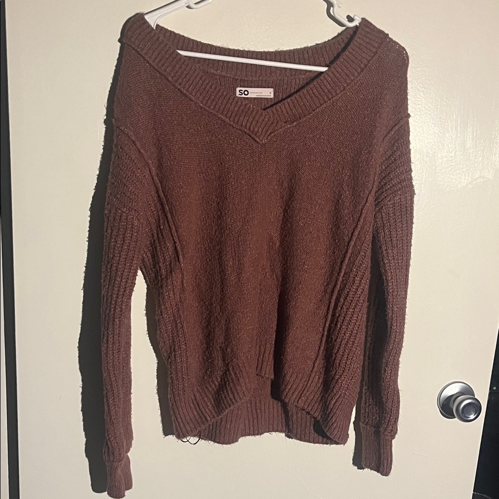 SO Women's V-Neck Sweater in Rich Brown/ Red